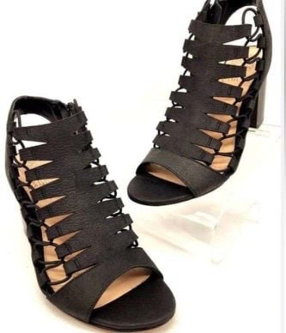 Vince Camuto Eliaz Black Leather Caged Peep-Toe Heeled Sandals sz 10